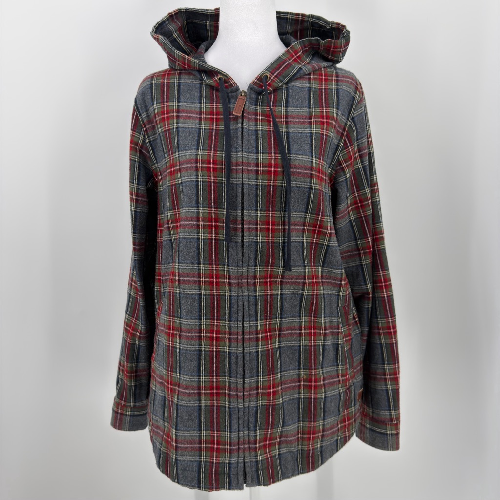 Vintage L.L. Bean Red And Gray Plaid Utility Light Cotton Zip Up Jacket Size M